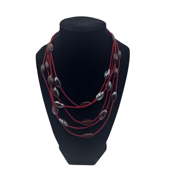 Multi-Strand Red Beaded Necklace with Oval Iridescent Glass Beads - Picture 2 of 8